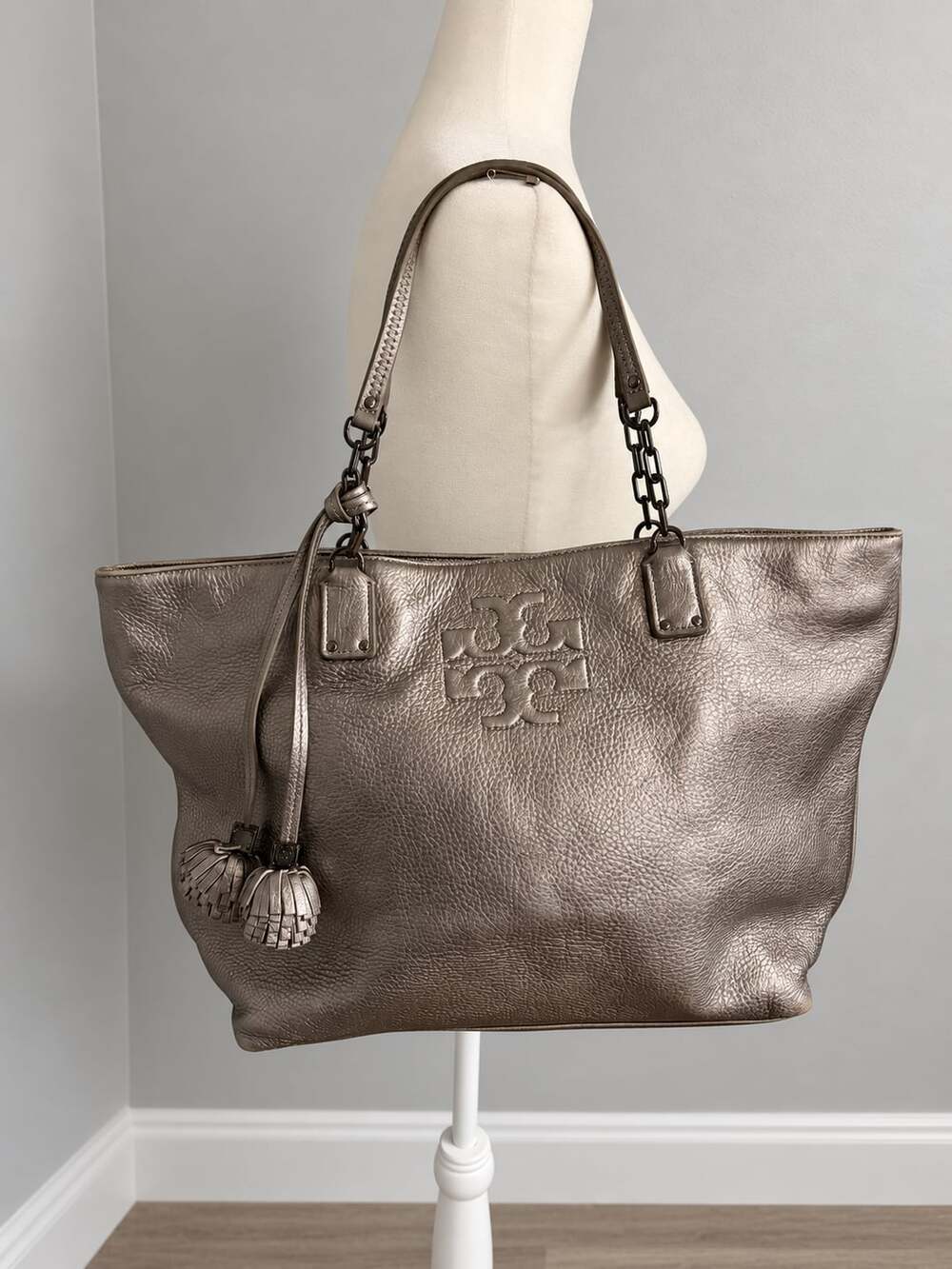Tory Burch Metallic Leather Tote Bag with Tassels Gunmetal